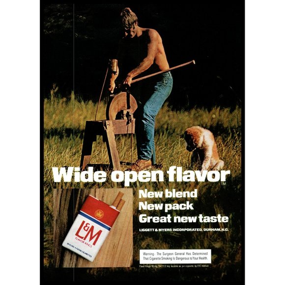 1974 L&M Cigarette Wide Open Flavor Vintage Print Ad Axe Grindstone Dog Wall Art - Picture 1 of 1